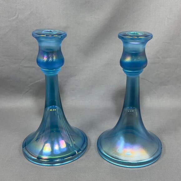 Vtg Central Glass Works Iridescent Blue Stretch Trumpet Candlestick Holders Glow - Picture 13 of 16